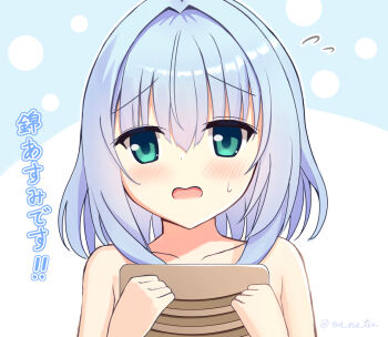 1girl artist_name blue_background blue_eyes blue_hair blue_pupils blush collarbone commentary covering_privates embarrassed eyes_visible_through_hair flat_chest_joke flying_sweatdrops green_eyes hair_between_eyes hair_intakes hamidashi_creative holding long_hair looking_at_viewer medium_hair multicolored_eyes nanatsu_(na_na_tsu) nervous nishiki_asumi nude_cover open_mouth peanut_mouth raised_eyebrows raised_inner_eyebrows sidelocks solo straight_hair sweatdrop translated twitter_username two-tone_background two-tone_eyes upper_body washboard white_background wispy_bangs