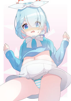1girl arona_(blue_archive) blue_archive blue_eyes blue_hair blue_shirt blush crotch_seam embarrassed eyes_visible_through_hair from_below hair_ornament hair_over_one_eye hair_ribbon hairband halo loli long_sleeves looking_at_viewer looking_down multicolored_hair navel neckerchief open_mouth panties pink_background pink_hair ratemaru ribbon school_uniform shirt short_hair skirt standing star_(symbol) star_symbol_background striped_clothes striped_panties sweat tears two-tone_hair underwear upskirt white_neckerchief white_panties white_ribbon white_skirt wind wind_lift