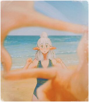 asimov_(spindle_(aidenr0)) beach black_eyes blue_one-piece_swimsuit blurry blurry_foreground elf finger_frame hair_bun highres one-piece_swimsuit original ottilie_(spindle_(aidenr0)) out_of_frame pointing pointing_down pointy_ears pov spindle_(aidenr0) swimsuit white_hair