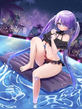 1girl absurdres bandaid bandaid_on_leg bikini blush chest_jewel eddddxdd0987 gem grey_hair highres hololive hololive_english jewel_under_eye koseki_bijou long_hair looking_at_viewer multicolored_hair pool purple_eyes purple_gem purple_hair solo swimsuit twintails very_long_hair virtual_youtuber