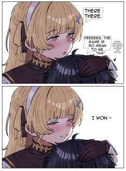 1boy 1girl 2na_(blue2na) absurdres black_gloves black_hair blonde_hair blush english_text gloves hair_ornament hairband half-closed_eyes head_hug highres long_hair looking_at_another male_rover_(wuthering_waves) no_headwear open_mouth parted_lips phoebe_(wuthering_waves) purple_eyes rover_(wuthering_waves) smile white_background white_hairband wuthering_waves x_hair_ornament