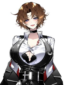 1girl absurdres black_bra black_choker black_coat blue_eyes bra breasts brown_hair cherry_oux choker coat collared_shirt commentary cowboy_shot english_commentary highres huge_breasts lapels limbus_company long_sleeves mole mole_under_eye notched_lapels open_mouth parted_bangs project_moon rodion_(project_moon) shirt simple_background smile solo underwear white_background white_shirt