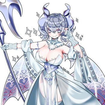 1girl breasts cleavage demon_horns demon_wings detached_collar detached_sleeves dress duel_monster gloves grey_eyes grey_hair highres holding holding_polearm holding_weapon horns huge_breasts hyeonin_gentora large_breasts leotard looking_at_viewer lovely_labrynth_of_the_silver_castle polearm smile solo standing weapon white_background white_dress white_gloves wings yu-gi-oh!