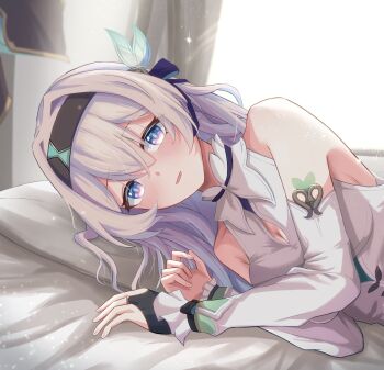 1girl arm_tattoo bare_shoulders bed black_bow black_bridal_gauntlets black_hairband blue_pupils bow breasts bridal_gauntlets cleavage commentary_request detached_sleeves dreaming drooling firefly_(honkai:_star_rail) grey_hair hair_bow hair_ornament hairband highres honkai:_star_rail honkai_(series) light_blush long_hair looking_at_viewer lying medium_breasts on_bed on_side open_mouth pillow purple_eyes saliva shirt single_bridal_gauntlet sleeping solo tattoo tefutefufu white_shirt