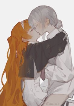 2girls arms_around_neck black_capelet capelet checkered_hairband closed_eyes commentary dress grey_background grey_hair hair_bun hairband highres kiss long_hair multiple_girls orange_hair qian. reverse:1999 shirt simple_background sitting sitting_on_lap sitting_on_person sonetto_(reverse:1999) vertin_(reverse:1999) white_dress white_shirt yuri