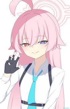 absurdres black_gloves blue_archive blue_eyes blue_necktie blush chest_harness commentary_request fingerless_gloves gloves hair_between_eyes halo hand_up harness heterochromia highres hoshino_(blue_archive) long_hair necktie orange_eyes pink_hair pink_halo shirt siranui_desu smile upper_body very_long_hair white_shirt