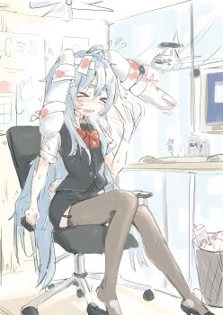 Rule 34 | > <, 1girl, 9/11, absurdres, ahoge, aircraft, airplane, alternate costume, bandages, black skirt, black vest, blood, blood stain, blue dress, blue hair, blush, bow, can, chair, cirno, collared shirt, computer, computer keyboard, dot nose, dress, fanning self, figure, garter straps, hair between eyes, high heels, highres, hikimayu, hot, impending doom, indie virtual youtuber, light blue hair, long hair, monitor, nose blush, office, office chair, office lady, para (vtuber), pencil skirt, rabbit girl, rabbit tail, red bow, sharp teeth, shirt, sitting, skirt, sweat, swivel chair, tail, teeth, thighhighs, touhou, trash, trash can, upper teeth only, very long hair, vest, virtual youtuber, white shirt, wwparasi, zettai ryouiki
