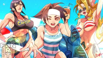 3girls abs aviator_sunglasses ayuhara_natsu ball beach beachball bikini black_bikini black_hair blonde_hair blue_sky breasts brown_eyes brown_hair burning_isaka cleavage cloud commentary_request covered_navel cup day drinking_glass drinking_straw earrings flipped_hair green_eyes gun hand_on_own_hip handgun headband highres holding holding_cup inflatable_toy jewelry justice_gakuen kasugano_sakura large_breasts long_hair looking_at_viewer multiple_girls muscular muscular_female navel ocean one-piece_swimsuit one_eye_closed open_mouth outdoors ponytail reaching reaching_towards_viewer red_bikini short_hair side-tie_bikini_bottom sky small_breasts smile striped_bikini striped_clothes striped_one-piece_swimsuit sunglasses swimsuit tankini tiffany_lords tinted_eyewear tomboy toned underboob wakaba_hinata weapon white_headband
