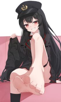1girl barefoot bitseon black_hair commentary commission english_commentary feet foot_focus grin hat highres long_hair looking_at_viewer original parted_lips presenting_foot red_eyes sitting smile soles solo toes