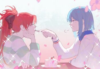 2girls absurdres black_bow blue_eyes blue_hair blue_shirt bow cake cake_slice cherry closed_eyes collared_shirt commentary_request eating feeding flower food from_side fruit gradient_background green_shirt hair_bow hand_on_own_chin head_rest high_collar highres light_smile long_hair long_sleeves looking_at_another mahou_shoujo_madoka_magica mahou_shoujo_madoka_magica_(anime) miki_sayaka multiple_girls official_alternate_costume petals pink_flower plate ponytail profile puff_of_air red_hair riyu_qvq sakura_kyoko shirt short_hair sigh sparkle striped_clothes striped_shirt table white_shirt