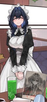 Rule 34 | 1girl, apron, black dress, black hair, blue hair, cake, cake slice, closed mouth, colored inner hair, cup, dress, drink, drinking glass, food, hair intakes, hat, highres, holding, holding photo, hololive, hololive english, long hair, maid, maid apron, melon soda, mob cap, multicolored hair, official alternate costume, official alternate hairstyle, ouro kronii, ouro kronii (maid), photo (object), polaroid photo, rikuje, smile, virtual youtuber, white apron