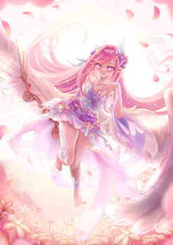 1girl absurdres alternate_costume angel angel_wings barefoot bow_(weapon) breasts chinese_commentary cleavage commentary_request diamond-shaped_pupils diamond_(shape) dress elf elysia_(herrscher_of_human:_ego)_(honkai_impact) elysia_(honkai_impact) falling_petals feet field flower flower_field hair_ornament highres holding holding_bow_(weapon) holding_weapon honkai_(series) honkai_impact_3rd large_breasts long_hair lyse_rizu making-of_available petals pink_hair pink_petals pointy_ears purple_eyes smile solo symbol-shaped_pupils toes very_long_hair weapon white_dress white_wings wings