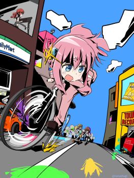 bicycle blue_eyes blue_hair blue_sky bocchi_the_rock! building cube_hair_ornament day doritos exercise_machine familymart fan_1-gou fan_2-gou fleeing from_below gotoh_hitori hair_ornament highres kita_ikuyo loafers long_hair on_rooftop outdoors paint_splatter pants pink_hair pink_pants pink_track_suit ponytail red_hair riding riding_bicycle road rurushu_ki_san shoes sky street tower_records track_suit twitter_username yamada_ryo zom_100:_zombie_ni_naru_made_ni_shitai_100_no_koto zombie