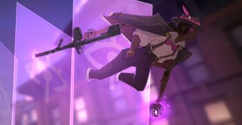 Rule 34 | 1girl, absurdres, ace (playing card), black hair, black hat, black jacket, black pants, bow, bowtie, bracelet, card, collared shirt, commentary, dark-skinned female, dark skin, deadlock (game), english commentary, extra arms, fedora, full body, glowing, glowing eyes, gold bracelet, gun, hands in pockets, hat, hat bow, hat feather, high-waist pants, highres, holding, holding card, holding gun, holding weapon, jacket, jewelry, mechanical arms, midair, pants, pink bow, pink bowtie, pink eyes, playing card, rifle, shirt, short hair, shuuko (s h uuko), sleeves rolled up, solo, suspenders, teleportation, traditional bowtie, very dark skin, weapon, white shirt, wraith (deadlock)