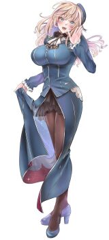 1girl asyuri atago_(kancolle) black_pantyhose blonde_hair blue_jacket blush bow breasts commentary_request full_body green_eyes hat high_heels highres jacket kantai_collection large_breasts long_hair looking_at_viewer open_mouth pantyhose simple_background solo standing teeth white_background