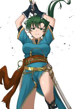 1girl blue_dress breasts dress earrings fingerless_gloves fire_emblem fire_emblem:_the_blazing_blade gloves green_eyes green_hair high_ponytail highres jewelry large_breasts long_hair looking_at_viewer lyn_(fire_emblem) nintendo pelvic_curtain ponytail rope_belt side_slit solo vankin
