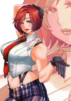 1girl breasts brown_eyes female_focus formal_clothes gloves hands_up huge_breasts large_breasts leather pale_skin pants red_eyes red_hair rosie_rosie see-through_clothes see-through_shirt shirt short_hair smile standing the_king_of_fighters thick_thighs thighs vanessa_(kof) white_shirt