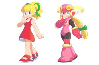 absurdres android blonde_hair blue_eyes bodysuit commentary cosplay english_commentary green_ribbon hair_ribbon helmet highres in-franchise_crossover looking_at_viewer mega_man_(classic) mega_man_(series) mega_man_battle_network_(series) pink_helmet ponytail ribbon robot roll.exe_(mega_man) roll.exe_(mega_man)_(cosplay) roll_(mega_man) simple_background smile standing tagme ultimatemaverickx white_background