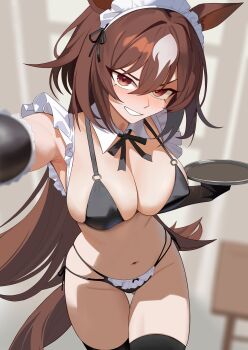1girl absurdres animal_ears bikini black_bikini black_thighhighs blurry blurry_background breasts commentary_request hair_between_eyes highres horse_ears horse_girl horse_tail large_breasts limit_zero long_hair looking_at_viewer maid maid_bikini maid_headdress navel o-ring o-ring_bikini red_eyes sirius_symboli_(umamusume) solo swimsuit tail thighhighs umamusume unconventional_maid