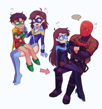... 1boy 1girl :d age_progression ahoge arrow_(symbol) batman_(series) batrobin_k black_footwear blue_eyes blue_leotard blush boots breasts brown_hair character_age cheek_pinching cleavage crossed_arms dc_comics dick_grayson genderswap genderswap_(mtf) gloves green_gloves hand_on_another's_cheek hand_on_another's_face hand_up happy high_heel_boots high_heels highres jason_todd leotard long_hair looking_at_another medium_breasts medium_hair motion_lines multiple_views nightwing open_mouth parted_lips pinching progression red_hood_(dc) robin_(dc) short_hair simple_background sitting sitting_on_lap sitting_on_person smile speech_bubble spoken_ellipsis superhero_costume teen_titans thigh_boots