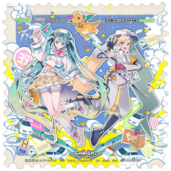 2girls 39 aqua_eyes aqua_hair aqua_nails arm_up armband asymmetrical_gloves bag balloon belt beret black_boots black_gloves blonde_hair blush boots bow brown_hair buttons cane chris4708 collarbone collared_shirt commentary_request cropped_jacket dedenne dragonite dual_persona electric_miku_(project_voltage) flag full_body gen_1_pokemon gen_6_pokemon gloves gradient_hair green_hair hair_ornament hairclip hand_on_headwear happy happy_birthday hat hatsune_miku heart_balloon highres holding holding_cane holding_flag jacket jumpsuit lightning_bolt_symbol logo long_hair long_sleeves looking_at_viewer magical_mirai_(vocaloid) magical_mirai_miku magical_mirai_miku_(2024) map mismatched_gloves multicolored_hair multiple_girls musical_note_ornament nintendo official_alternate_costume official_alternate_hairstyle open_mouth pink_bow pleated_skirt poke_ball pokemon pokemon_(creature) project_voltage red_gloves shirt shoes shoulder_bag skirt smile solo teeth twintails two-tone_hair ultra_ball upper_teeth_only very_long_hair vocaloid waist_poke_ball white_belt white_hat white_jacket white_shoes yellow_armband yellow_skirt