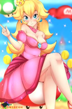 1-up_mushroom 1girl 1up adapted_costume artist_name bare_legs bare_shoulders biting_own_lip blonde_hair blue_eyes blue_gemstone blue_sky blush breasts brooch building castle cleavage coin collarbone crossed_legs crown day detached_collar dress earrings female_focus field gem grass grin hat high_heels highres index_finger_raised jewelry knee_up legs long_hair looking_at_viewer mario_(series) mushroom neck nintendo off-shoulder_dress off_shoulder outdoors parted_lips path patreon patreon_username pink_dress plant princess_peach puffy_short_sleeves puffy_sleeves pumps rainbowscreen red_gemstone red_hat red_shoes road shoes short_sleeves sitting sky small_breasts smile solo sparkle super_mushroom tareme tower very_long_hair watermark