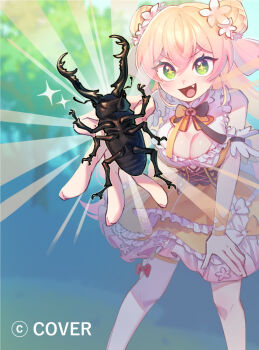 Rule 34 | + +, 1girl, :d, beetle, bell, blonde hair, breasts, bug, cleavage, cleavage cutout, clothing cutout, commentary request, copyright notice, corset, detached sleeves, double-parted bangs, double bun, fang, flower, frilled shirt, frilled skirt, frills, gradient hair, green eyes, hair bun, hair flower, hair ornament, hololive, insect, jingle bell, large breasts, layered skirt, long hair, miniskirt, momosuzu nene, momosuzu nene (1st costume), multicolored hair, neck bell, official alternate costume, open mouth, orange shirt, orange skirt, pink hair, shirt, short sleeves, side up bun, single thighhigh, skirt, skirt set, sleeveless, sleeveless shirt, smile, solo, thighhighs, two side up, ukata, underbust, v-shaped eyebrows, virtual youtuber, white thighhighs