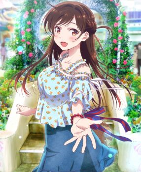 1girl :d absurdres anime_coloring bare_shoulders bead_bracelet beads blouse blue_shirt blue_skirt blurry blurry_background blush bracelet braid breasts brown_eyes brown_hair collarbone denim denim_skirt floral_print frilled_straps frills half_updo highres hirayama_kanna jewelry kanojo_okarishimasu key_visual large_breasts long_hair looking_at_viewer looking_to_the_side mizuhara_chizuru off-shoulder_shirt off_shoulder official_art open_mouth outdoors outstretched_arm outstretched_hand people print_shirt promotional_art reaching reaching_towards_viewer ring shirt short_sleeves skirt smile solo standing