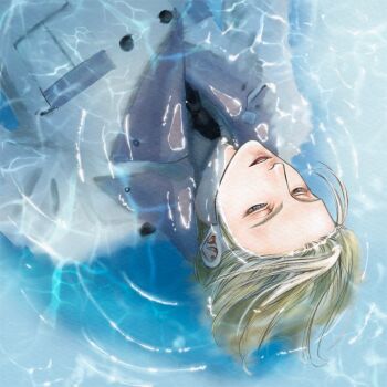 Rule 34 | 1boy, afloat, black necktie, blonde hair, blue eyes, coat, collared shirt, final fantasy, final fantasy vii, final fantasy vii remake, grey shirt, hair slicked back, half-closed eyes, male focus, necktie, parted lips, partially submerged, ripples, rufus shinra, shirt, short hair, solo, upper body, white coat, ws alte