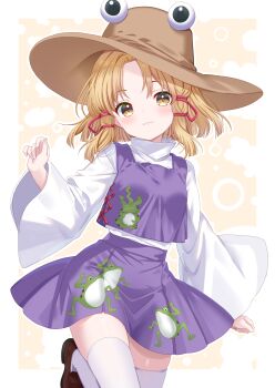 1girl :3 absurdres animal_print blonde_hair blush border brown_hat brown_shoes closed_mouth commentary_request cowboy_shot frog_print hair_ribbon hand_up hat highres long_sleeves looking_at_viewer moriya_suwako outline outside_border parted_bangs print_skirt print_vest purple_skirt purple_vest red_ribbon ribbon shirt shoes short_hair skirt skirt_set smile solo thighhighs toketa-sekai touhou turtleneck turtleneck_shirt vest white_border white_outline white_shirt white_thighhighs wide_sleeves yellow_background yellow_eyes zettai_ryouiki