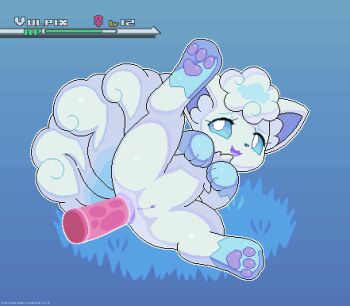 1girl alolan_form alolan_vulpix anal animal_ears animal_hands animal_sexualization animated animated_gif anus blinking blue_eyes blue_sclera cleft_of_venus colored_sclera disembodied_penis full_body furry furry_female gameplay_mechanics gen_7_pokemon happy happy_sex heads-up_display kemocamotli lying nintendo on_side open_mouth paw_pose pawpads penis pixel_art pokemon pokemon_(creature) pussy simple_background smile solo spread_legs tail uncensored user_interface