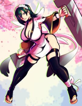 1girl black_hair breasts cleavage iroha_(samurai_spirits) large_breasts maid_headdress nico_artooo samurai_spirits snk solo thighhighs