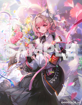 1girl animal_ear_fluff animal_ears black_skirt blurry bouquet brown_hair center_frills collared_shirt commentary_request company_name confetti copyright_notice depth_of_field elu_(11th_costume)_(nijisanji) elu_(nijisanji) flower frills gradient_hair grin hair_intakes heart holding holding_bouquet jacket long_skirt looking_at_viewer multicolored_hair nijisanji official_alternate_costume official_alternate_hairstyle official_art open_clothes open_jacket pink_flower pink_hair pointy_ears purple_flower red_eyes sample_watermark shirt skirt smile solo tail teeth virtual_youtuber watermark welchino white_flower white_jacket white_shirt