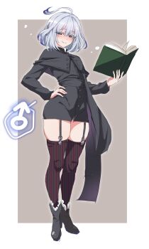 1boy antenna_hair black_cloak book boots border cloak gradient_hair grey_hair hand_on_own_hip high_heel_boots high_heels highres holding holding_book jacket long_sleeves looking_at_viewer male_focus mars_symbol multicolored_hair original solo standing strap striped_clothes striped_thighhighs thick_thighs thighhighs thighs trap unmoving_pattern white_border wide_hips zanegoodell
