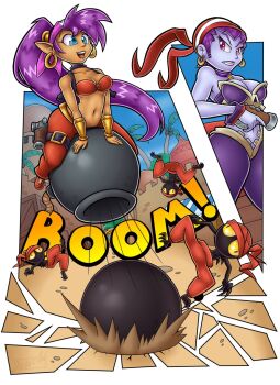2girls blue_eyes bra breasts cannon cannonball colored_skin dark-skinned_female dark_skin earrings gun highres jewelry jorichi1 large_breasts long_hair medium_breasts multiple_girls pants pointy_ears purple_hair purple_skin risky_boots shantae shantae_(series) shantae_and_the_pirate&#039;s_curse short_hair tinkerbat underwear very_long_hair weapon