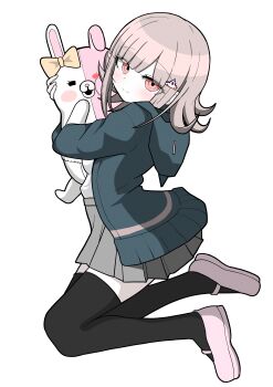 1girl absurdres bishoujo_rikishi black_thighhighs brown_hair commentary_request danganronpa_(series) danganronpa_2:_goodbye_despair flipped_hair grey_background hair_ornament highres hood hugging_object jacket long_sleeves looking_at_viewer medium_hair monomi_(danganronpa) nanami_chiaki open_clothes open_jacket pink_eyes pink_shoes pleated_skirt shirt shoes simple_background skirt smile solo thighhighs white_shirt
