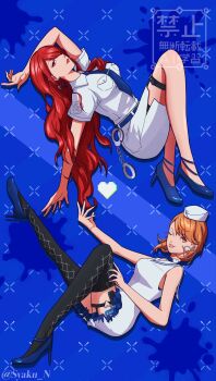 2girls alternate_costume arm_up bare_arms bare_shoulders black_thighhighs blue_background blue_choker blue_necktie blue_shoes breasts brown_eyes brown_hair choker commentary_request cuffs dress earrings full_body gun handcuffs hat heart heart_choker heart_earrings high_heels highres holster jewelry kirijou_mitsuru large_breasts long_hair looking_at_viewer medium_breasts mini_hat multiple_girls necktie one_eye_closed persona persona_3 pixel_heart red_eyes red_hair red_lips sailor_collar shirt shoes short_dress short_hair short_sleeves skirt sleeveless sleeveless_dress syaku_n takeba_yukari thigh_holster thigh_strap thighhighs tongue tongue_out twitter_username weapon white_dress white_hat white_sailor_collar white_shirt