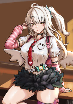 Rule 34 | 1girl, absurdres, ahoge, arm behind back, arm strap, arm warmers, backpack, bag, belt, black choker, black skirt, breast pocket, breasts, buttons, choker, closed mouth, collared shirt, commentary, cosplay, cowboy shot, desk, fake wings, fingernails, frilled sleeves, frills, green nails, hair ornament, hairclip, hand on table, hand up, highres, indoors, large breasts, long hair, looking at viewer, m bezerk, miniskirt, nail polish, necktie, one side up, pink arm warmers, pink nails, pocket, pouch, red necktie, school desk, shade, shirt, short sleeves, skirt, smile, solo, standing, striped arm warmers, sunna (zenless zone zero), sunna (zenless zone zero) (cosplay), thigh pouch, thigh strap, virtual pet (toy), white belt, white hair, white shirt, white wings, wings, yellow eyes, yixuan (zenless zone zero), zenless zone zero
