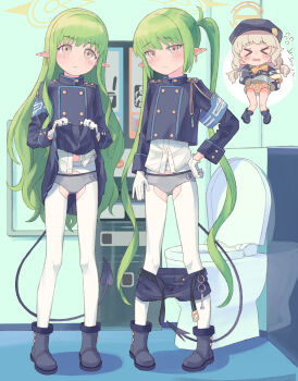 Rule 34 | > <, 3girls, absurdres, aoba (blue archive), armband, blue archive, clothes lift, clothes pull, commentary request, demon tail, gloves, green hair, halo, highres, hikari (blue archive), ikumi (iq3), lifting own clothes, long hair, multiple girls, nozomi (blue archive), panties, pantyhose, pointy ears, tail, toilet, underwear, white gloves, white pantyhose