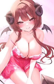1girl :q absurdres bare_shoulders black_wings blush breasts breasts_day brown_hair cleavage closed_mouth collarbone commentary demon_horns demon_wings double_strap_slip dress hair_between_eyes highres horns large_breasts long_hair looking_at_viewer original red_dress red_eyes solo spaghetti_strap sweat tongue tongue_out very_long_hair wings yu_lei
