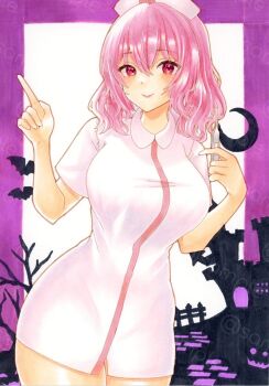 alternate_costume closed_mouth collared_dress commentary_request dress hair_between_eyes hand_up hat holding holding_thermometer index_finger_raised kapibaradon0405 looking_at_viewer medium_hair nurse nurse_cap pink_dress pink_eyes pink_hair saigyouji_yuyuko sample_watermark short_sleeves smile thermometer thighs touhou traditional_media watermark wavy_hair