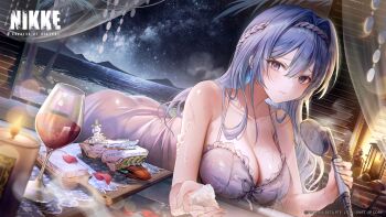 1girl ass bare_shoulders bent_over blue_hair breasts cleavage cup dress drinking_glass dutch_angle goddess_of_victory:_nikke grey_dress grey_eyes hair_between_eyes hair_intakes helm_(nikke) helm_(post-shower_moment)_(nikke) holding holding_shower_head indoors large_breasts long_hair looking_at_viewer lying official_alternate_costume official_art on_stomach ozzingo shower_head sleeveless sleeveless_dress smile solo spaghetti_strap strap_gap wet wine_glass