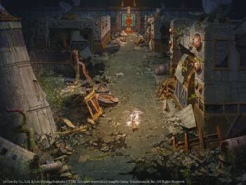 1girl boots brown_boots building commentary_request full_body grass green_hair in-universe_location lab_coat machine medium_hair official_art outdoors overgrown plant ragnarok_online ruins scenery solo standing tile_floor tiles very_wide_shot vines wide_shot yakkunn