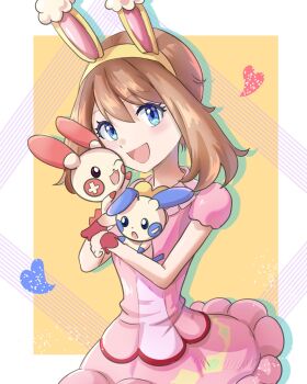1girl :d animal_ear_hairband animal_ears blue_eyes brown_hair dress eyelashes fake_animal_ears foggy0704 gen_3_pokemon hair_between_eyes hairband heart highres holding holding_pokemon looking_at_viewer may_(pokemon) may_(spring_2021)_(pokemon) minun nintendo official_alternate_costume open_mouth pink_dress plusle pokemon pokemon_(creature) pokemon_masters_ex rabbit_ear_hairband rabbit_ears short_hair short_sleeves smile