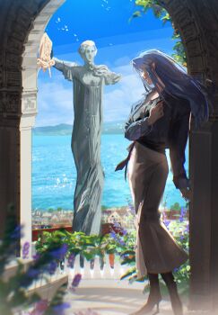 Rule 34 | 1girl, animal, bird, black footwear, black shirt, blue hair, blue jacket, blue sky, casual, closed mouth, cloud, commentary request, commission, fate/hollow ataraxia, fate/stay night, fate (series), floating hair, grey skirt, high heels, highres, jacket, long hair, long sleeves, medea (caster) (fate), medea (casual wear) (fate), medea (fate), ocean, official alternate costume, open clothes, open jacket, pointy ears, profile, second-party source, shadow, shirt, skeb commission, skirt, sky, solo, statue, twitter username, ubwmitekure, water