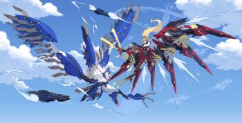 Rule 34 | 2girls, absurdres, armored boots, artery gear, artery gear: fusion, bare shoulders, blonde hair, blue eyes, bodice, boots, breasts, claw (weapon), cloud, cloudy sky, drone, fighting, flying, full body, griffin (starward), highres, large breasts, long hair, mecha musume, mechanical legs, mechanical wings, medium breasts, milvus (artery gear), multiple girls, open mouth, ponytail, purple eyes, skin tight, sky, smile, starward, weapon, wings, zhu fun