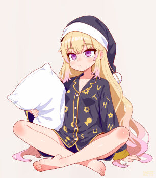 Rule 34 | 1girl, absurdres, alternate costume, barefoot, black hat, black shirt, black shorts, blonde hair, chinese commentary, closed mouth, collared shirt, commentary request, cure arcana shadow, feet, gradient hair, grey background, hair down, hat, highres, holding, holding pillow, indian style, long hair, long sleeves, meitantei precure!, moria luluka, multicolored hair, nightcap, pajamas, pillow, precure, purple eyes, shirt, shorts, simple background, sitting, sleepwear, smile, solo, suzhitu, toes, very long hair