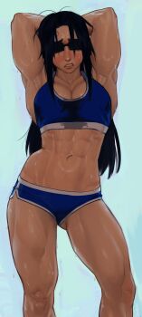 Rule 34 | 1girl, abs, armpits, arms behind head, arms up, black hair, blue panties, blue sports bra, blush, boyshort panties, breasts, brown lips, cleavage, commentary, contrapposto, dark-skinned female, dark skin, english commentary, equius zahhak, genderswap, genderswap (mtf), gluteal fold, highres, homestuck, humanization, lacryboy, long hair, medium breasts, muscular, muscular female, navel, panties, presenting armpit, solo, sports bra, sunglasses, sweat, sweaty clothes, thick thighs, thighs, underwear, underwear only, very sweaty