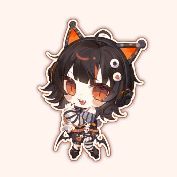 1girl :d ahoge animal_ear_headphones animal_ears bat_wings black_hair black_sweater cat_ear_headphones cat_ears chibi chibi_only chinese_commentary commentary_request fake_animal_ears full_body headphones long_sleeves looking_at_viewer mahou_shoujo_no_majo_saiban multicolored_hair open_mouth orange_eyes outline qiannie sawatari_coco sharp_teeth slit_pupils smile solo standing streaked_hair sweater teeth white_outline wings