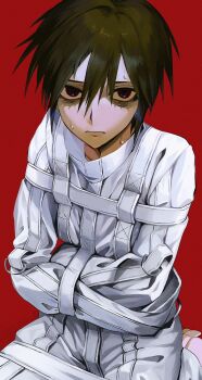 1boy bags_under_eyes black_eyes black_hair closed_mouth highres looking_at_viewer male_focus randal&#039;s_friends rannrarara red_background short_hair solo straitjacket sweat tsukada_satoru